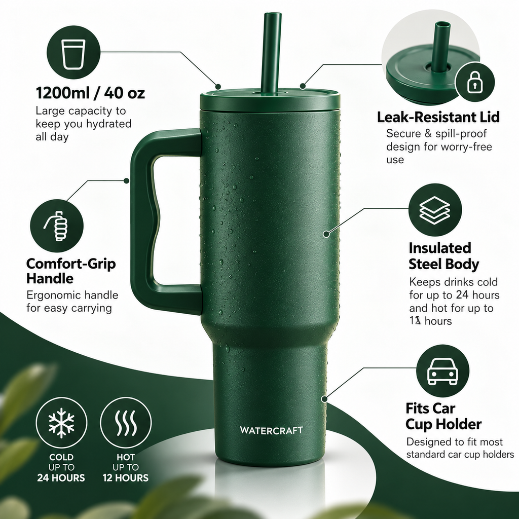 WaterCraft Aura tumbler infographic: 1200ml, insulated, leak-resistant lid, comfort handle