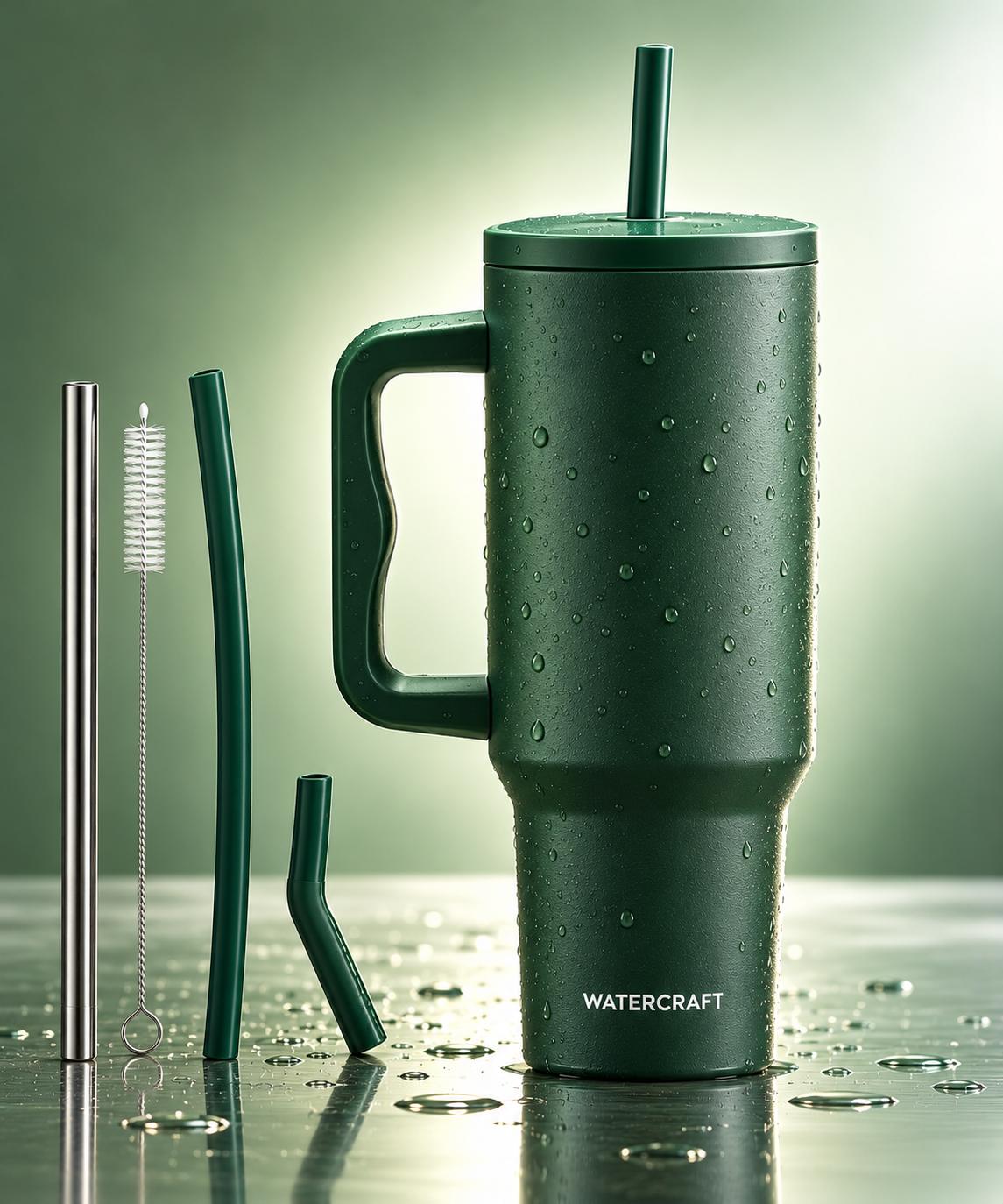 WaterCraft Aura tumbler with stainless steel straw, silicone straw, bent tip and cleaning brush kit