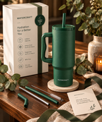 WaterCraft Aura Forest Green tumbler gift-ready flat lay with accessories