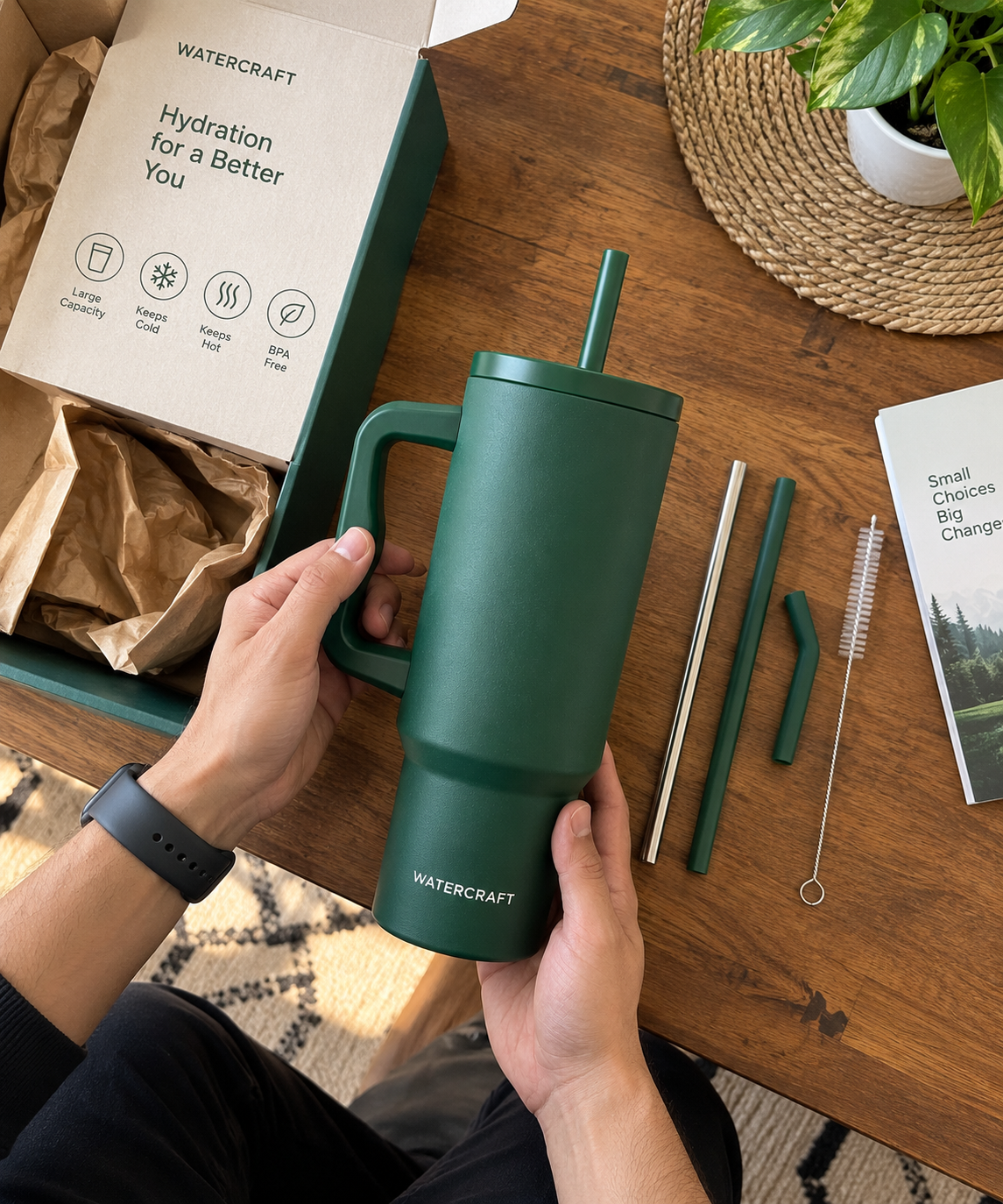 Unboxing WaterCraft Aura tumbler complete straw kit on a table - UGC